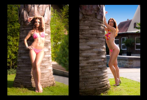 Fotobuch Palmengarten - Brünette Frau posiert im Bikini vor einer Palme