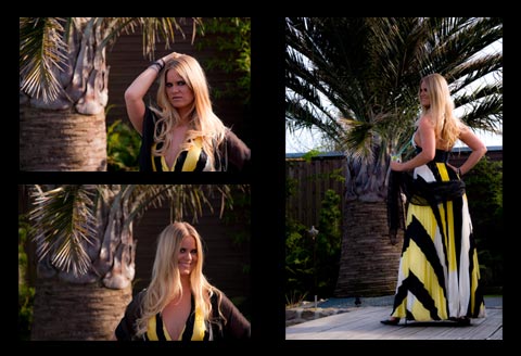 Fotobuch Palmengarten - Blonde junge Frau in schwarzgelben Kleid am Pool